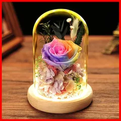 卒業祝い 結婚祝い 退職祝い 母の日 インテリア 誕生日 長持ち ガラスドーム かわいい 枯れない花 LEDライト付き プレゼント (ギフトボックス入り 手提げ袋 虹 薔薇 メッセージカード付バラwith虹) プリザーブドフラワー 【フローラルフォーエバー】レ