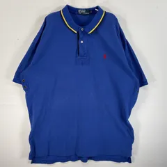 古着 90's/90年代 ポロバイラルフローレン Polo by Ralph Lauren 鹿の子 半袖 ポロシャツ ロゴ 刺繍 大きいサイズ ラガーシャツ風 襟切替 XXL  ブルー系 無地 メンズ