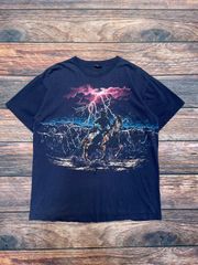 【 90's USA製 】サンダーパターン　雷　ウエスタン　乗馬　SIGNAL SPORT　半袖Tシャツ　シングルステッチ　両面プリント　ネイビー　XL