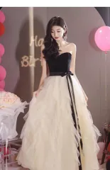 大人可愛いふんわりチュールドレス??レースパーティーロングベロアベア切替