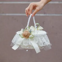 花かご 白 レース パール かご バスケット ウェディング ホワイト 子供 結婚式 フラワーガール リングボーイ 手提げ 丸型 布製 リボン飾り 花びら入れ 指輪用 リングピロー イベント パーティー 小物