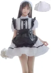 GIVEK メイド 服 ゴスロリ パニエ 付き 黒 エプロン カチューシャ リボン 5点 セット ハロウィン レディース コスプレ ブラック＆ホワイト( ブラック＆ホワイト,  M)