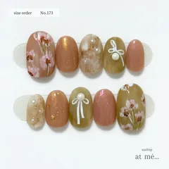 【sizeorder】No.173 フラワーニュアンスネイル オーダー ピンク グリーン 春 手書き お花 リボン