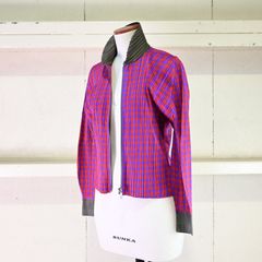 ● PLEATS PLEASE ISSEY MIYAKE 2014AW 赤系千鳥格子プリント ジップブルゾン 3　イッセイミヤケ レディース
