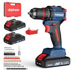 NANWEI 電動ドライバー 充電式ドリルドライバー マキタバッテリー対応 ブラシレスモーター 21段階トルク調節 2スピードモード 無断変速 最大50N·m 正逆転切替 小型軽量 LEDライト 2.0Ahバッテリー2個付き ネジ締め/ネジ外し/穴あけ