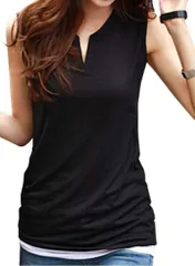 Ptika ノースリーブ Vネック レディース トップス Tシャツ 洗濯ネット付き 黒( ブラック,  XL)