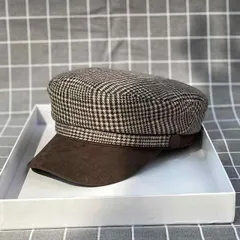 春 コーデ オシャレ アイテム メンズ レディース 秋　冬 レトロ 千鳥格子 柄 ベルベット 帽子 つば有り ウール フラット ハット 八角形