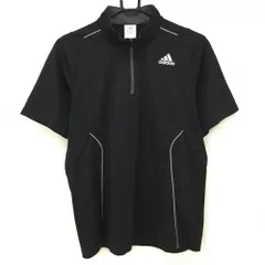 【美品】アディダス 半袖ハイネックシャツ 黒×白 ロゴプリント ハーフジップ メンズ L ゴルフウェア adidas