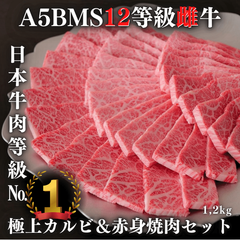 【日本一ランク】A5BMS12等級雌牛ブランド牛カルビ＆赤身焼肉セット1,2kg