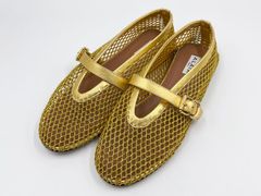 ALAIA アライア レディース フィッシュネット製バレリーナ バレエシューズ フラットシューズ ゴールド サイズ：38 AA3A029TK028 - 220 美品