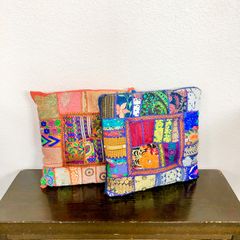 【2点】新品 カラフルつぎはぎパッチワークインド刺繍クッションキルト
