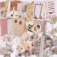 素材紙 デザインペーパー フレークシールステッカー 和紙 アンティーク メモ用紙 レトロ カード 手帳素材パック ステッカー 紙モノ シール ノート 素材 スケジュール コラージュ 大容量 カレンダー ２６０枚 (文房) YOVOY