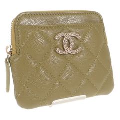 【中古】【SAランク】CHANEL シャネル ジップコインパース AP3402 小銭入れ カードケース キャビアスキン カーキ ゴールド金具 レディース 財布【ISEYA】