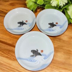 3客揃え 九谷焼　古九谷　金彩　菱皿　刺身皿　盛鉢　菱形皿鯉文　豆鉢　登り鯉　月弓