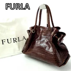 フルラ　本革　レザー　クロコ　型押し　ハンドバック　ダークブラウン