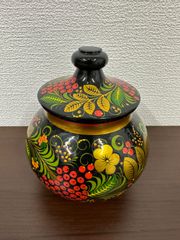 ★ロシアの民芸品★　ホフロマ塗り　蓋つき小物入れ（14×12㎝）