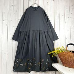 新品 刺繍ワンピース ボタニカル コットン リネン チャコール M〜L