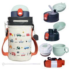 Size:520ml_Color:自動車 水筒 子供 保冷保温 真空断熱 直飲み コップ 付 3WAYストローボトル マグボトル 魔法瓶 ポーチ付き (自動車, 520ml)
