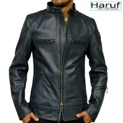 【送料無料】レザージャケット ライダースジャケット 革ジャン メンズ 本革 シングルライダース スタンドカラー パッド付き バイカー バイクジャケット ロンジャン 皮ジャン メンズアウター ネイビー ブルー 紺 青 秋冬 UK3NAV