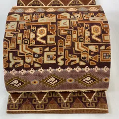 袋帯 美品 逸品 幾何学 刺繍 茶色 全通 正絹 【中古】