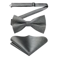 [HISDERN] 蝶ネクタイ メンズ ワンタッチ ボウタイ - 無地 クラシック グレー フォーマル 結婚式 パーティー 蝶ネクタイチーフ セット 簡単着脱 調節可能 bowtie BG1548A