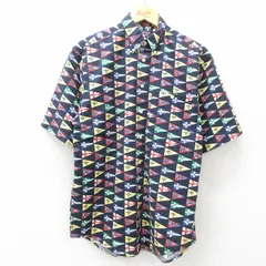 L/古着 半袖 シャツ メンズ 00s 旗 総柄 コットン ボタンダウン 濃紺 ネイビー 25may15 中古 トップス