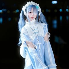儚さ、甘さ、病みかわいさ。 2点セット⭐️ 地雷系 病みかわいい ロリータ ワンピース ゴスロリ ブルー クロス 十字架 リボン ヘッドドレス 地雷女子 量産型 原宿系 ファッション 闇かわ 天使界隈 パーカー風 ワンピ 個性的 衣装 仮装 コスプレ