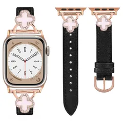 【人気商品】49mmに対応 45mm 44mm 42mm 41mm 40mm 38mm iWatch (42/44/45/49mm 女性向け バンド バンド アップルウォッチ アップルウォッチ 可愛い キラキラ 四つ葉のクローバー ブラック) レザー交換ベルト