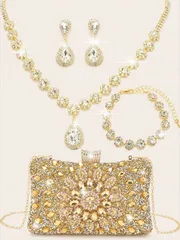 バッグ レディース ドレスバッグ ラインストーン ジュエリーセット ネックレス ピアス ブレスレット 4点セット、ウェディング ブライダル、スパークリング クラッチバッグ、取り外し可能な金属チェーン付き、パーティー