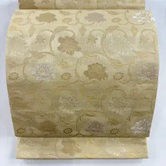 名品 箔屋清兵衛 袋帯 六通 落款 草木染 木目 波 箔 ベージュ 正絹 中古 名品 箔屋清兵衛 袋帯 六通 落款 草木染 木目 波 箔 ベージュ