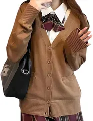 SCHOOL HERO レディース カーディガン セーター 制服 ニット トップス ニットカーディガン JK スクール 気軽に着れる 定番 JK制服 学生 中学生 高校生 無地 Vネック(キャメル,  Free Size)