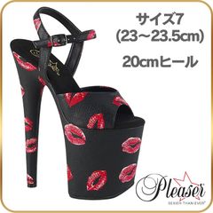 23 23.5 cm 20cm ヒール 厚底 キャバサンダル Pleaser プリーザー ハイヒール ピンヒール ポールダンス アンクルストラップ 厚底ヒール キスマーク 柄 黒 ブラック つや消し レディース メンズ 20cmヒール 20センチ ヒール