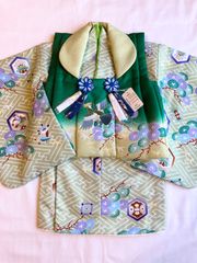 《花ラブリ》☆早い者勝ち！☆　新品　赤ちゃん　70〜90サイズ　祝い着　でんちセット　男の子　１歳　一歳　緑　黄緑 七五三　節句　お正月　　DMN57