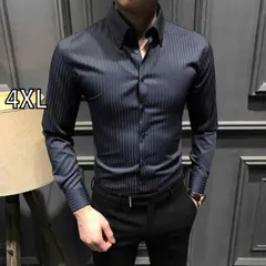 [4XL]メンズ ファッション 服 男性用 オシャレ シンプル 大人 かっこいい 大きいサイズ ストリート 紳士服 高級 ストライプ 長袖 シャツ スリム カジュアル シャツ ビジネス シャツ 快ノー アイロン
