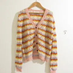 美品 24AW MAISON KITSUNE メゾンキツネ STRIPED ALPACA LACE CARDIGAN Vネック ニットカーディガン XSサイズ ピンク系 レディース 古着 中古 USED