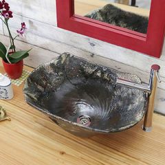 信楽焼 手洗い鉢 洗面ボウル 陶器 幅45cm 大型サイズ 火色窯肌長角型手洗い鉢 tr-4127