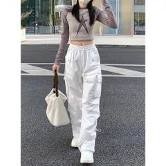 ☆ ホワイト ☆ Lサイズ ☆ カーゴパンツ ボトムス ウエストゴム カーゴパンツ ウエストゴム レディース イージーパンツ ワークパンツ ワイドパンツ ダンスパンツ ロングパンツ 長ズボン ズボン パンツ カジュアルパンツ ロング カーゴ イージー ポケット