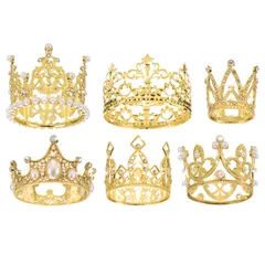 uxcell ミニクラウンケーキトッパー 合金製クイーンプリンセス リトル金色クラウンティアラ カップケーキ ハート型 パールラインストーン付き 誕生日ケーキの装飾 結婚式のパーティー用 6スタイル 6個