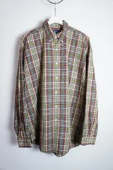 希少90s Ralph Lauren ラルフローレン オーバーサイズ チェック柄 長袖ボタンダウン シャツ ビンテージ 茶系414O★2
