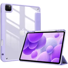 【迅速発送】ProCase iPad Pro 12.9 ケース 第6/5/4/3世代に適用（2022 2021 2020 2018) 透明 クリアバックカバー ペン収納 耐衝撃 三つ折り スタンド スマートカバー - パープル