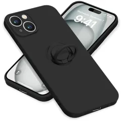 ZHUAZHULE iPhone15 ケース リング付き シリコン アイフォン15 スマホケース スタンド機能 カバー 耐衝撃 レンズ保護 360°回転 車載ホルダー ストラップホール付き 滑り止め 指紋防止 薄型 （ブラック）