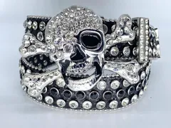 ドクロバックル幅3.8 105cm/115cm ギラギラ　ウエスタンベルト　ブラック　LEX　メンズベルト　レディースベルト　カウボーイ　y2k アメカジ　古着　ラッパー　グランジ　プレゼント