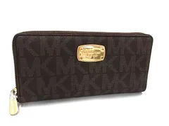 ■美品■ MICHAEL KORS マイケルコース MK柄 PVC ラウンドファスナー 長財布 ウォレット 小銭入れ 札入れ ダークブラウン系 DH9695