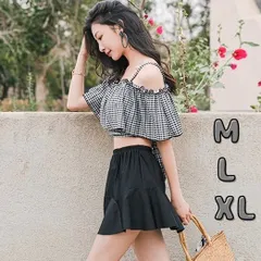 【М L XL】レディース 水着 黒 ブラック 体型カバーフリル オフショルダー ブラック タンキニ ビキニ スカート可愛い セット セットアップ ママ セパレート リボン 着痩せ 細見え 可愛い おしゃれ チェック カップ付 セクシー10代20代30代40代