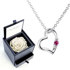 ネックレス レディース オープン ハート (ラブハート) ダイヤモンド 誕生石 ネックレス プリザーブドフラワー バラ ローズ 薔薇 ボックス付 Sears  (シアーズ)  女性 誕生日プレゼント プラチナホワイト 7月誕生石 ルビー