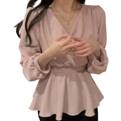 [ウェアビー] カシュクール へプラム リボンブラウス 長袖 シャツ シャーリング キレイめ レディース 薄手 トップス サラサラ ロングシャツ 高見え パフショルダー クロスデザイン バックリボン ウエストマーク 可愛い おしゃれ 二次 [ピンク] [XL]