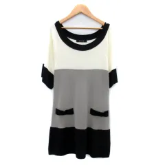 ケティ KETTY ニットワンピース ミニ丈 五分袖 ラウンドネック 無地 切替 M アイボリー 黒 グレー /SY5 ■MO