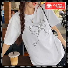 リボンプリント Tシャツ レディース 半袖 イラストTシャツ 大人可愛い ラウンドネック 白T ゆったり トップス 体型カバー シンプル カットソー お洒落 クルーネック tシャツ ロングTシャツ 着やせ 夏 カジュアル 韓国風 CH83JIXI-001
