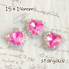 【 3個 】 15×14mm ガラス製 ハート センターパーツ ストーン ビジュー カボション ピンクオパール×シルバー