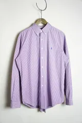 美品 90S POLO RALPH LAUREN ポロ ラルフローレン CLASSIC FIT クラシックフィット ロゴ刺繍 長袖 ストライプ シャツ 紫 L 本物 928N★1